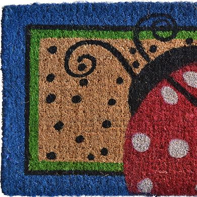 HomeRoots 18" X 30" Blue and Brown Coir Ladybug Outdoor Door Mat