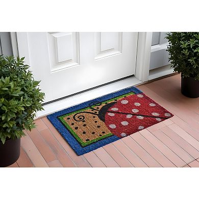 HomeRoots 18" X 30" Blue and Brown Coir Ladybug Outdoor Door Mat