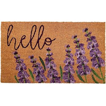 HomeRoots 17" X 29" Natural Black and Purple Coir Floral Hello Outdoor Door Mat