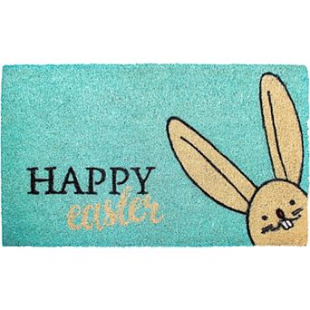 HomeRoots 17" X 29" Aqua and Natural Coir Happy Easter Outdoor Easter Door Mat