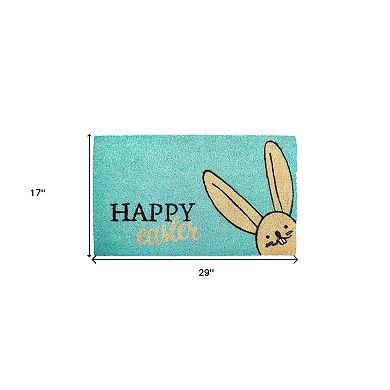 HomeRoots 17" X 29" Aqua and Natural Coir Happy Easter Outdoor Easter Door Mat