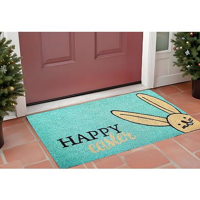 HomeRoots 17" X 29" Aqua and Natural Coir Happy Easter Outdoor Easter Door Mat