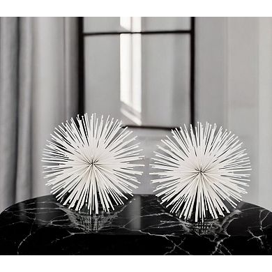 HomeRoots Set of Two White Iron Decorative Spiky Sphere Tabletop Sculpture