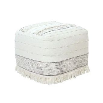 Ivory Beige Cotton Shag Pouf Ottoman