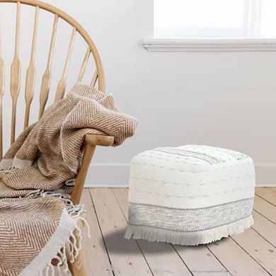 Ivory Beige Cotton Shag Pouf Ottoman