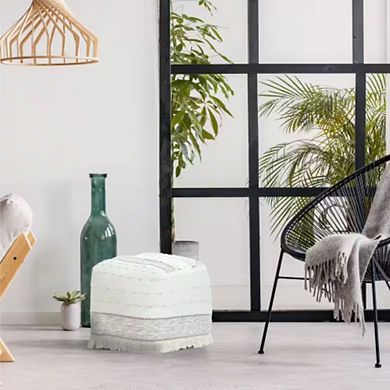 Ivory Beige Cotton Shag Pouf Ottoman