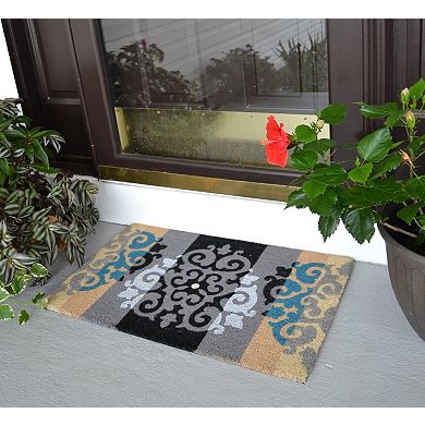 HomeRoots 18" X 30" Beige and White Coir Damask Outdoor Door Mat