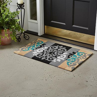 HomeRoots 18" X 30" Beige and White Coir Damask Outdoor Door Mat