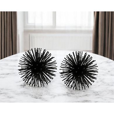 HomeRoots Set of Two Black Iron Decorative Spiky Sphere Tabletop Sculpture