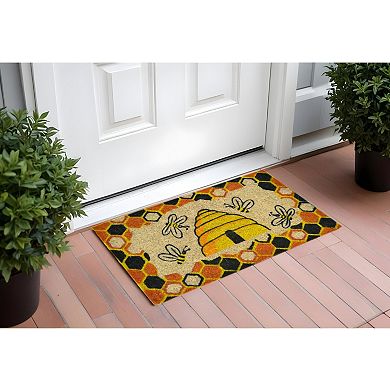 HomeRoots 18" X 30" Beige and Orange Coir Bees Outdoor Spring Door Mat