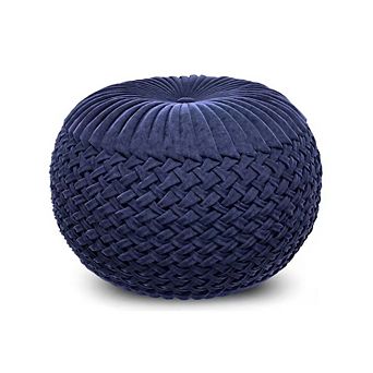 Dark Blue Velvet Round Pouf Ottoman