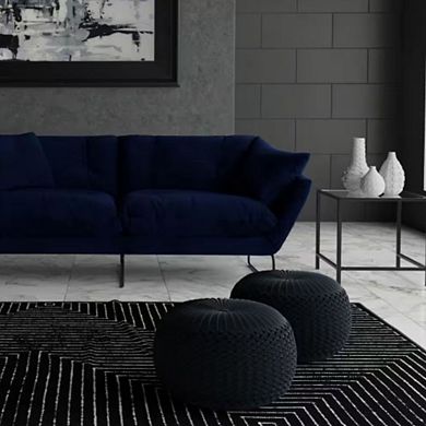 Dark Blue Velvet Round Pouf Ottoman