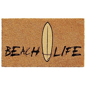 HomeRoots 17" X 29" Natural and Black Coir Beach Life Outdoor Door Mat