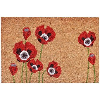 HomeRoots 17" X 29" Natural Red and Black Coir Floral Outdoor Door Mat