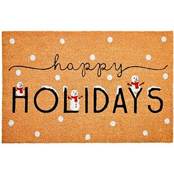 HomeRoots 17" X 29" Natural Black and White Coir Happy Holidays Outdoor Christmas Door Mat