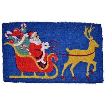 HomeRoots 18" X 30" Blue and Yellow Coir Santa Claus Outdoor Holiday Door Mat