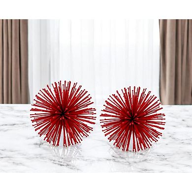 HomeRoots Set of Two Red Iron Decorative Spiky Sphere Tabletop Sculpture