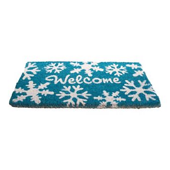 HomeRoots 18" X 30" Aqua Blue and White Coir Snowflake Welcome Outdoor Winter Door Mat