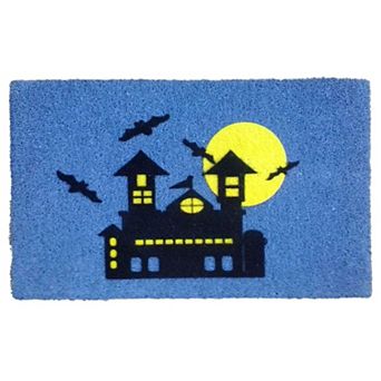 HomeRoots 18" X 30" Blue and Black Coir Spooky House Outdoor Halloween Door Mat