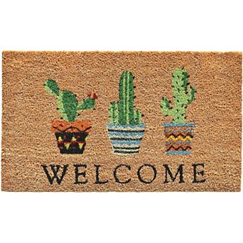HomeRoots 24" X 36" Natural Green and Black Coir Cactus Welcome Outdoor Door Mat
