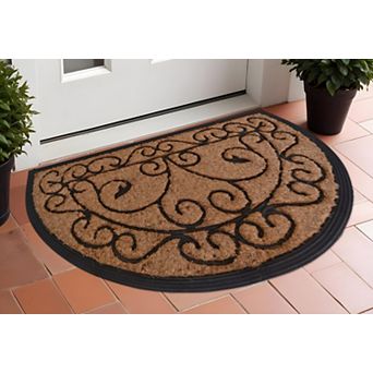 HomeRoots 18" X 30" Beige and Black Rubber and Coir Outdoor Semi Circle Door Mat