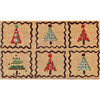 HomeRoots 17" X 29" Natural Red and Black Coir Christmas Trees Outdoor Christmas Door Mat
