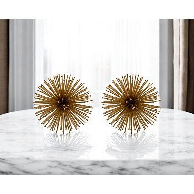 HomeRoots Set of Two Gold Iron Decorative Spiky Sphere Tabletop Sculptures