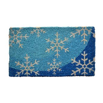 HomeRoots 18" X 30" Blue and White Coir Snowflake Outdoor Winter Door Mat