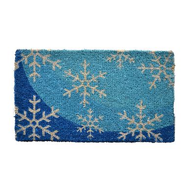 HomeRoots 18" X 30" Blue and White Coir Snowflake Outdoor Winter Door Mat