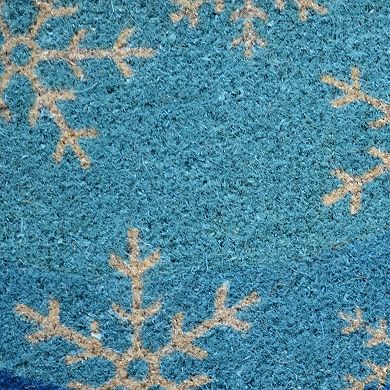 HomeRoots 18" X 30" Blue and White Coir Snowflake Outdoor Winter Door Mat
