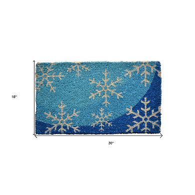 HomeRoots 18" X 30" Blue and White Coir Snowflake Outdoor Winter Door Mat