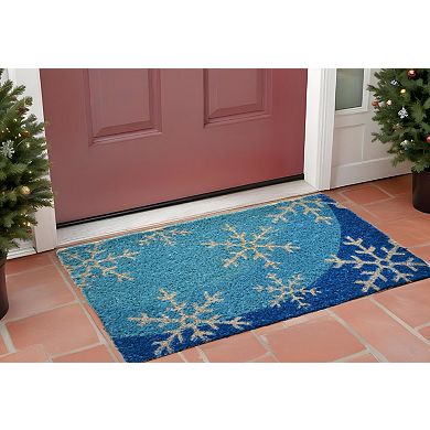 HomeRoots 18" X 30" Blue and White Coir Snowflake Outdoor Winter Door Mat