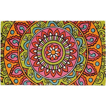 HomeRoots 18" X 30" Green and Pink Coir Abstract Outdoor Door Mat