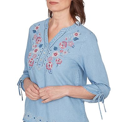 Petite Alfred Dunner Floral Embroidered Tie Sleeve Henley Top