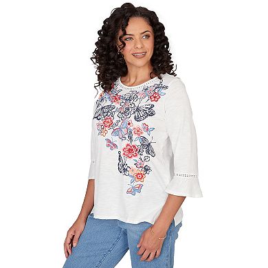 Petite Alfred Dunner Embroidered Butterfly Crew Neck Knit Top