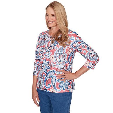 Petite Alfred Dunner Embellished Paisley Floral Crew Neck Top