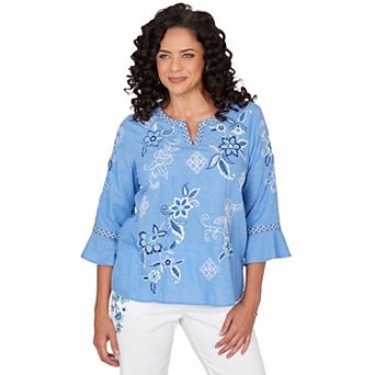 Women's Alfred Dunner Floral Textured Embroidered Split Neck Top