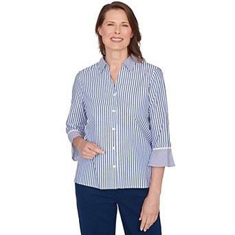 Women's Alfred Dunner Mixed Stripe Button Front Lace Trim Top