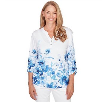 Women's Alfred Dunner Watercolor Floral Border Henley Top