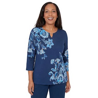 Women's Alfred Dunner Asymmetrical Floral Split Beaded Neck Top