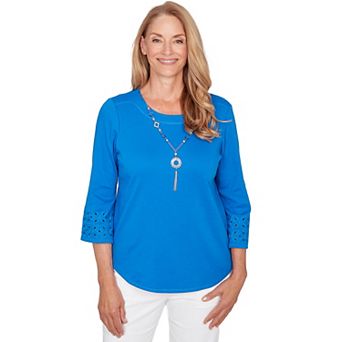Women's Alfred Dunner Eyelet Sleeve Solid Top with Necklace