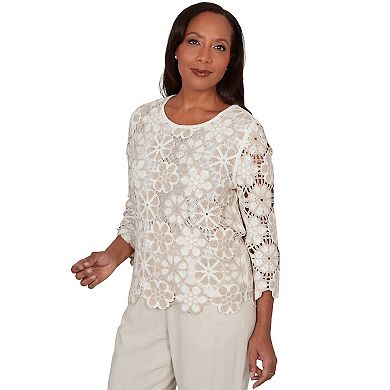 Women's Alfred Dunner Floral Crochet Three Quarter Sleeve Top
