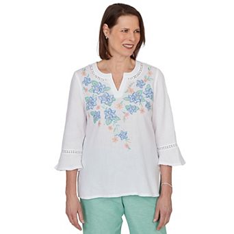 Women's Alfred Dunner Tropical Floral Split Neck Embroidered Top