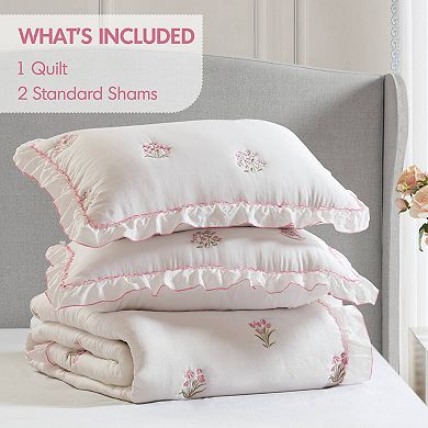 Intelligent Design Arya Floral Embroidered Ruffle Quilt Set with Shams