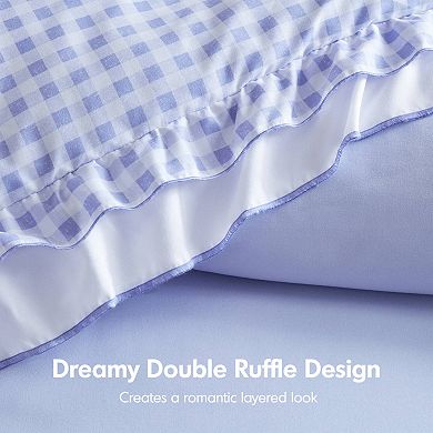 Intelligent Design Iris Double Ruffle Gingham Comforter Set with Coordinating Throw Pillow