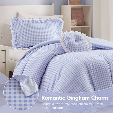 Intelligent Design Iris Double Ruffle Gingham Comforter Set with Coordinating Throw Pillow