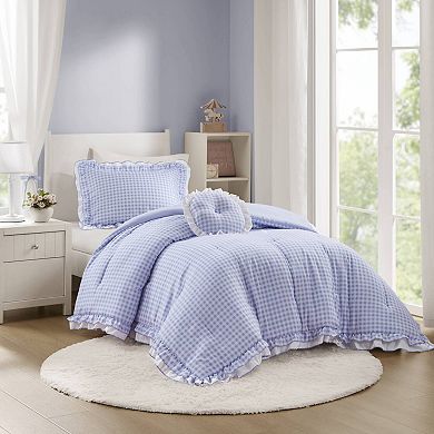 Intelligent Design Iris Double Ruffle Gingham Comforter Set with Coordinating Throw Pillow