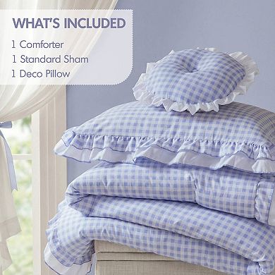 Intelligent Design Iris Double Ruffle Gingham Comforter Set with Coordinating Throw Pillow