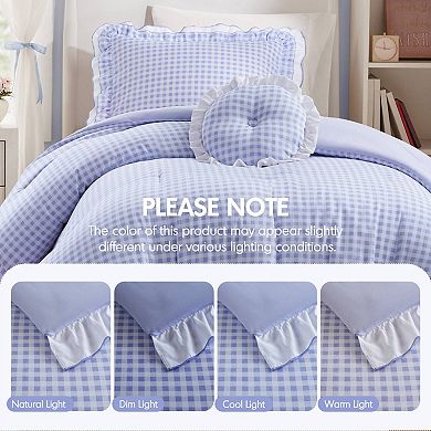 Intelligent Design Iris Double Ruffle Gingham Comforter Set with Coordinating Throw Pillow