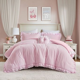 Intelligent Design Iris Double Ruffle Gingham Comforter Set with Coordinating Throw Pillow